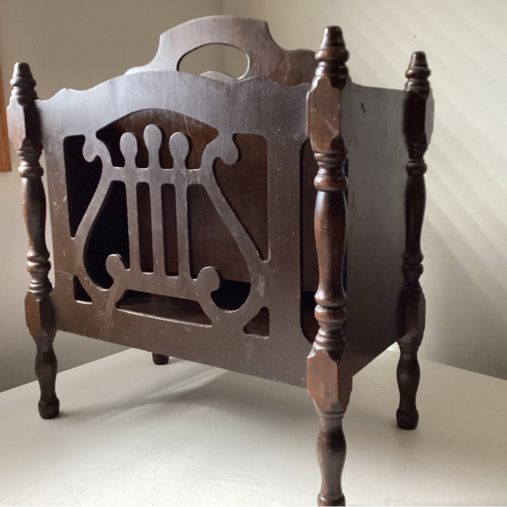 Vintage Mahogany Canterbury Magazine Rack with Open Scroll Work